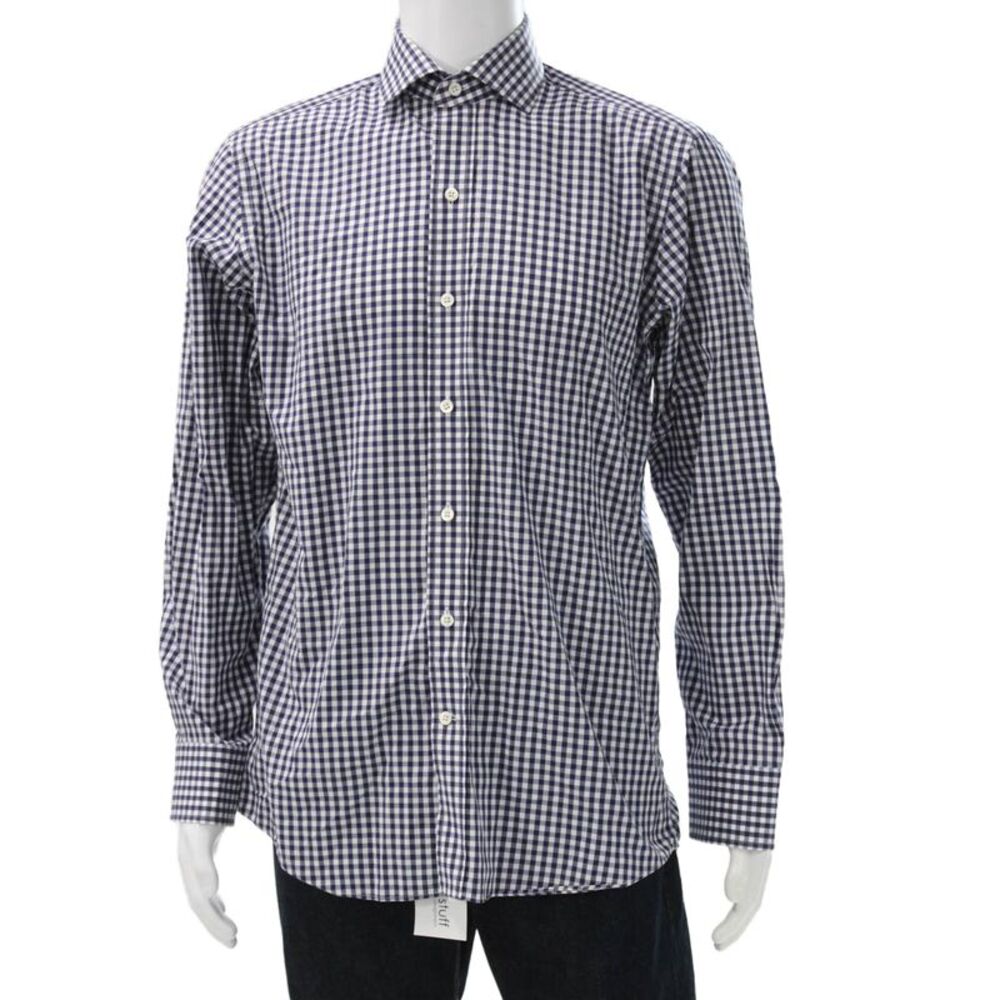 Ledbury Mens Plaid Button Down Shirt Navy Blue White Cotton Size 15.5 39